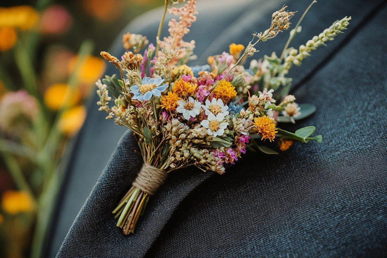 Costume témoin mariage avec fleurs séchées : Détail champêtre avec des fleurs séchées en accessoire de costume
