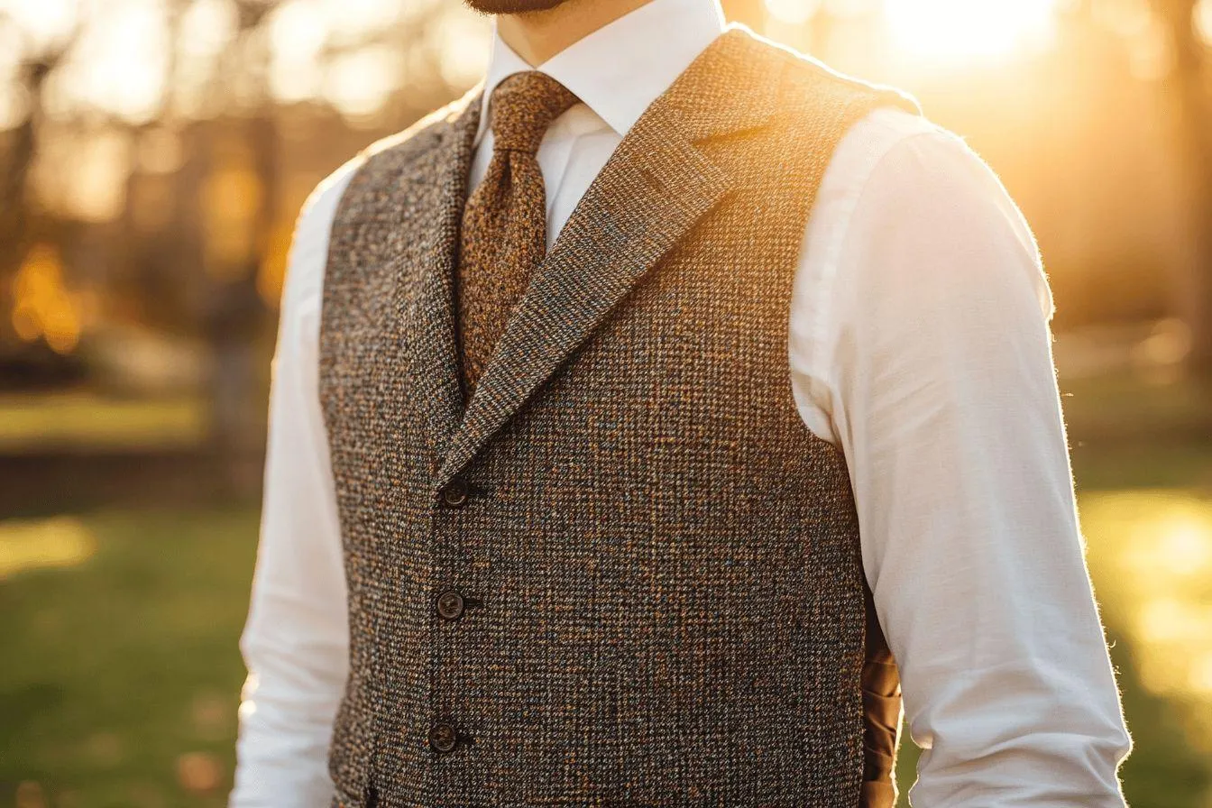 Costume témoin mariage avec gilet en tweed : Touche vintage et texturée avec un gilet tweed pour témoin
