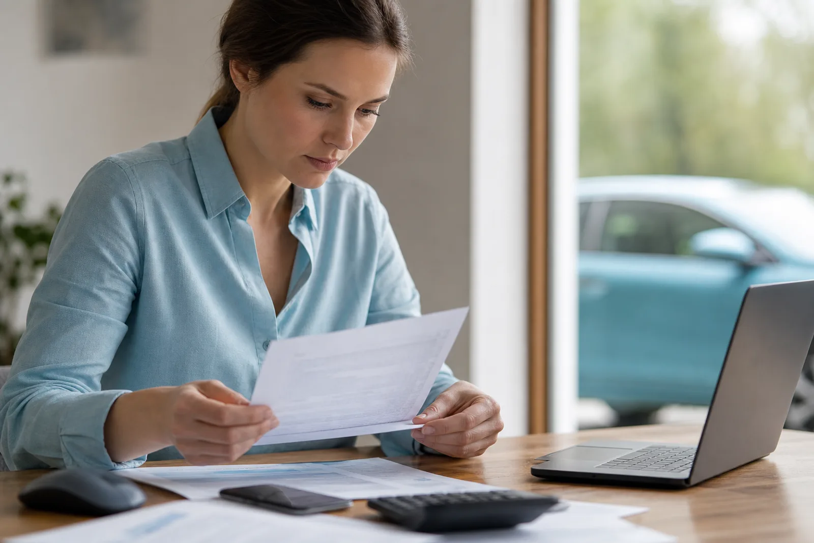 Personne remplissant les documents administratifs d'une carte grise à côté des clés d'une voiture d'occasion.