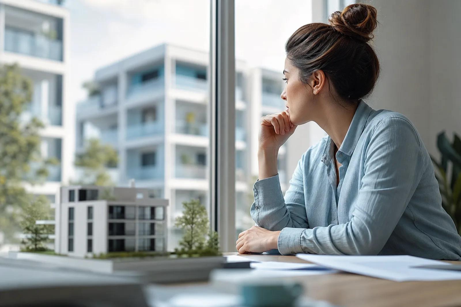 Couple examinant les plans d'un appartement neuf sur un chantier de construction, avec un dossier de contrat de réservation.