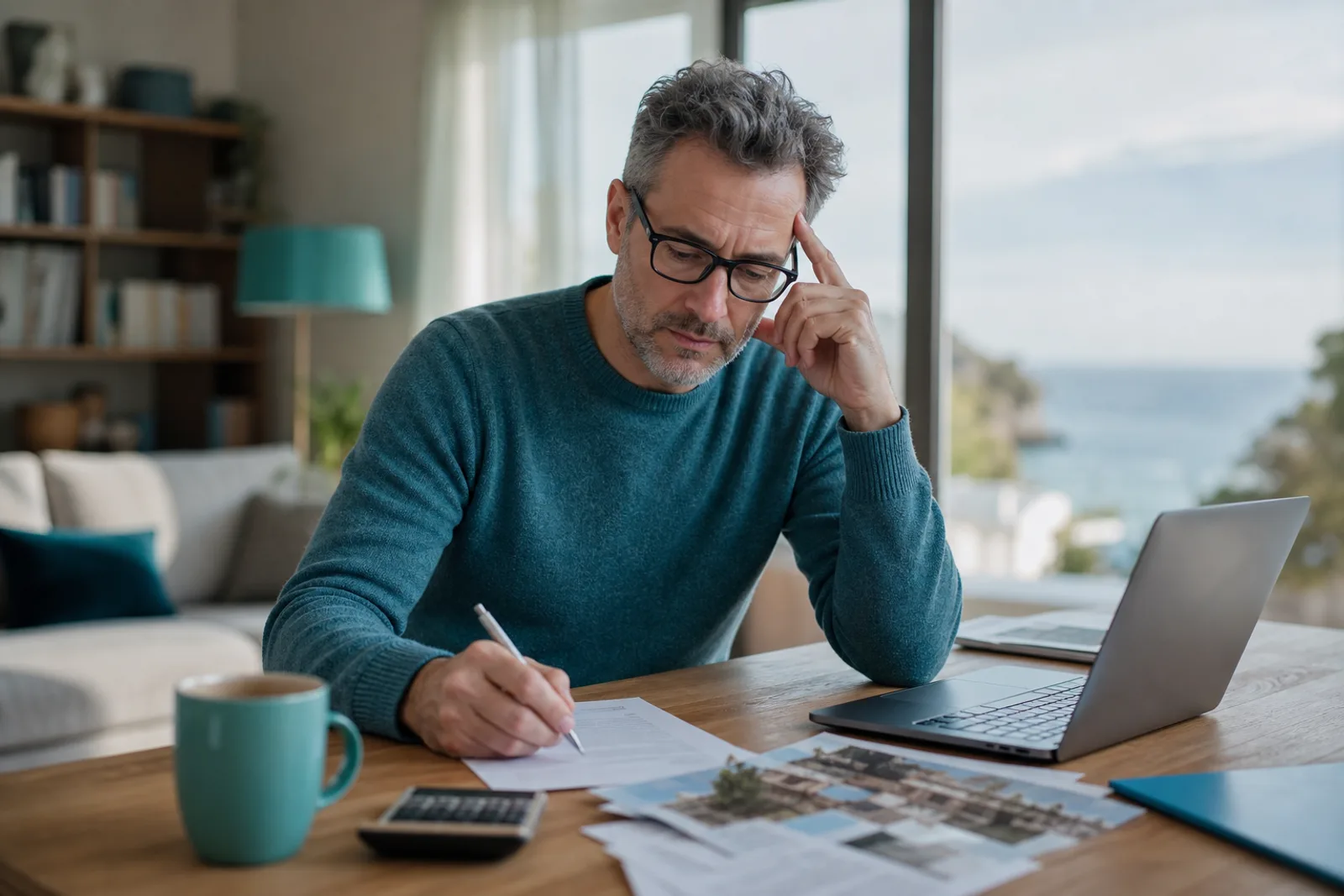 Homme concentré calculant sa fiscalité à l'aide de documents, d'une calculatrice et d'un ordinateur portable.