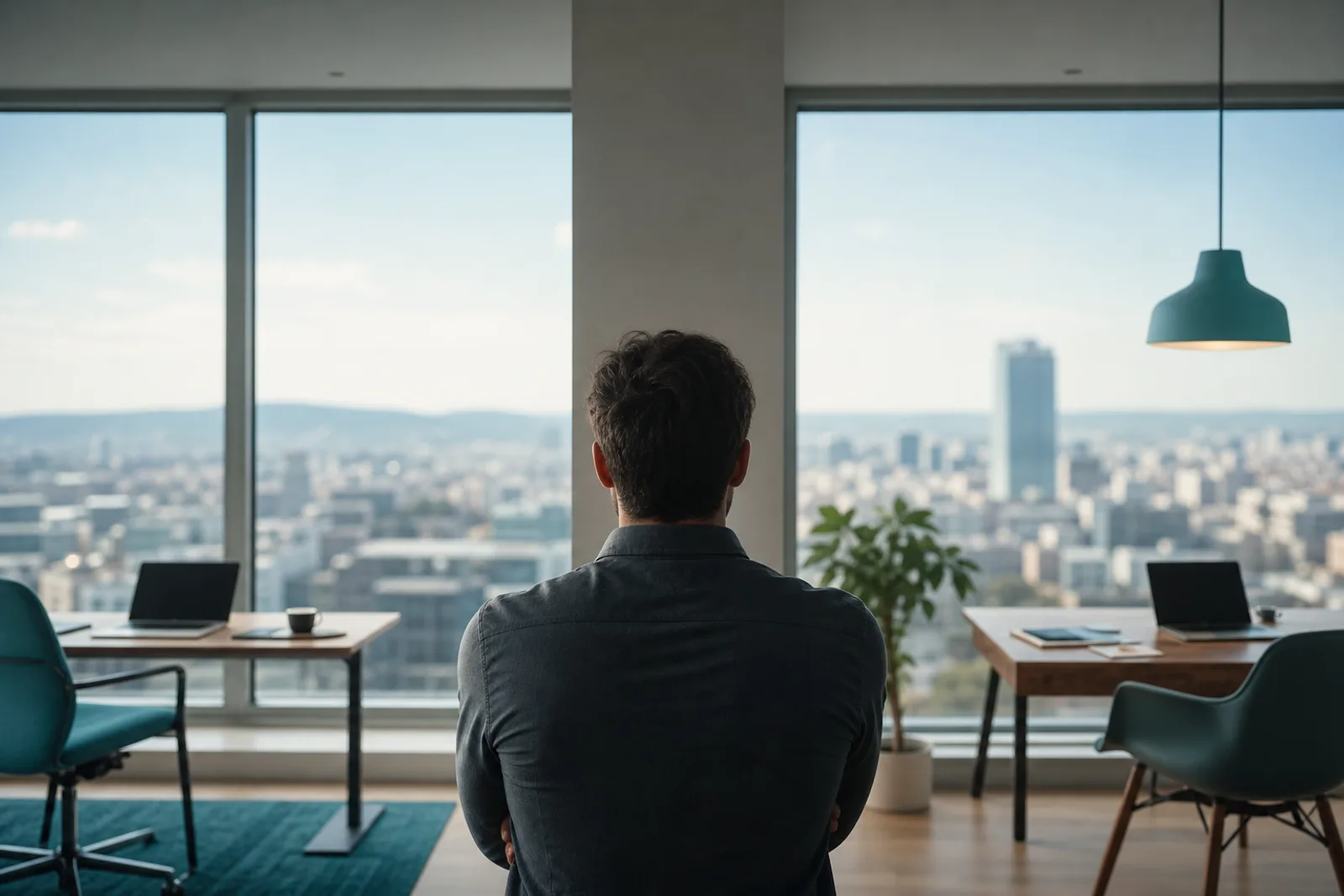 Professionnel de dos dans un bureau moderne avec vue sur la ville, entouré de postes de travail équipés d'ordinateurs portables.