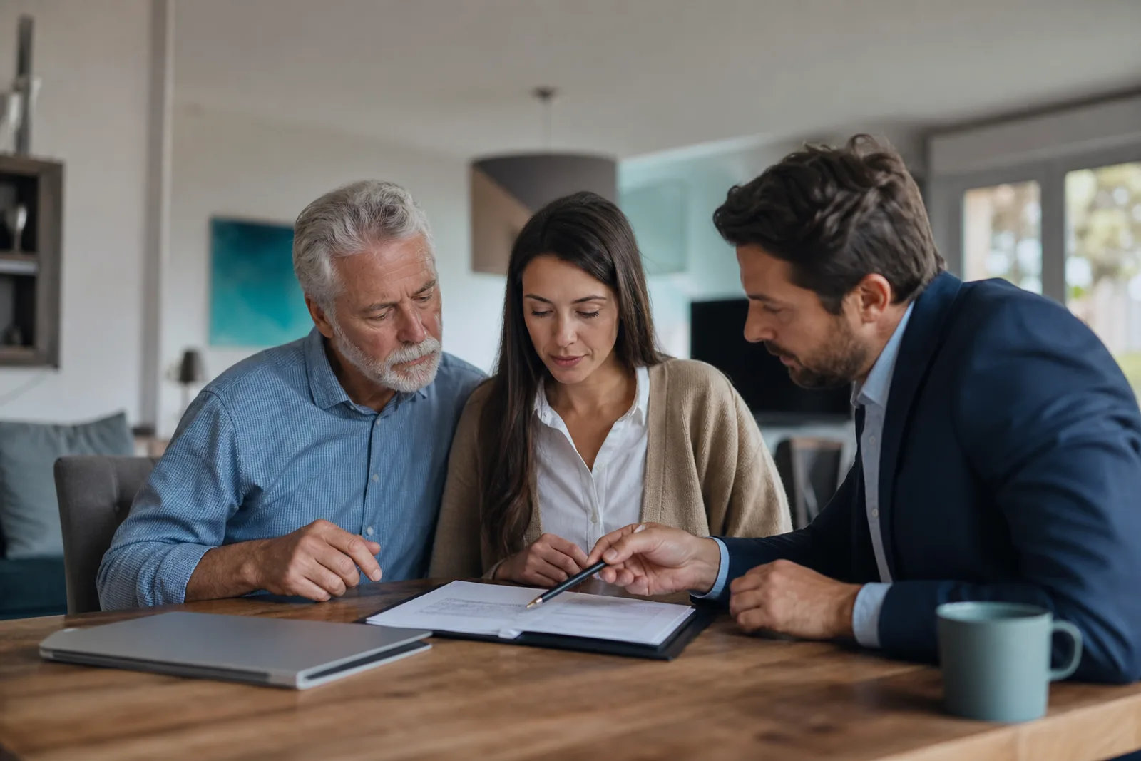 Famille et notaire échangeant autour d'un dossier de succession et d'un plan de maison.
