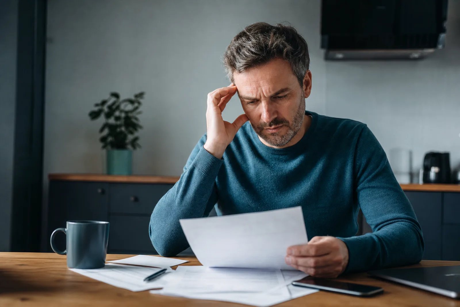 Salarié consultant un document de fin de contrat et une calculatrice sur un bureau, dans un environnement de bureau.