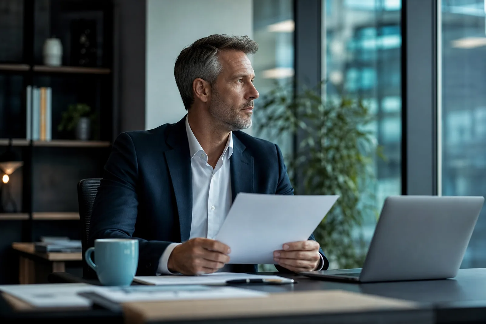 Salarié relisant attentivement son contrat de travail avant de signer, à un bureau lumineux.