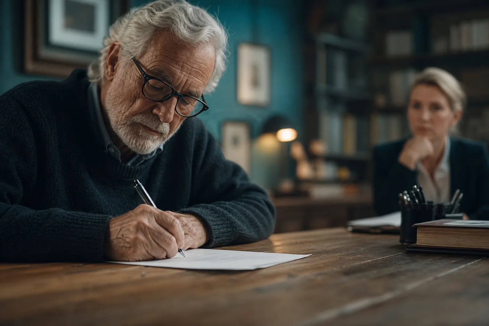 Personne âgée rédigeant à la main un document manuscrit sur une table en bois, à la lumière naturelle.