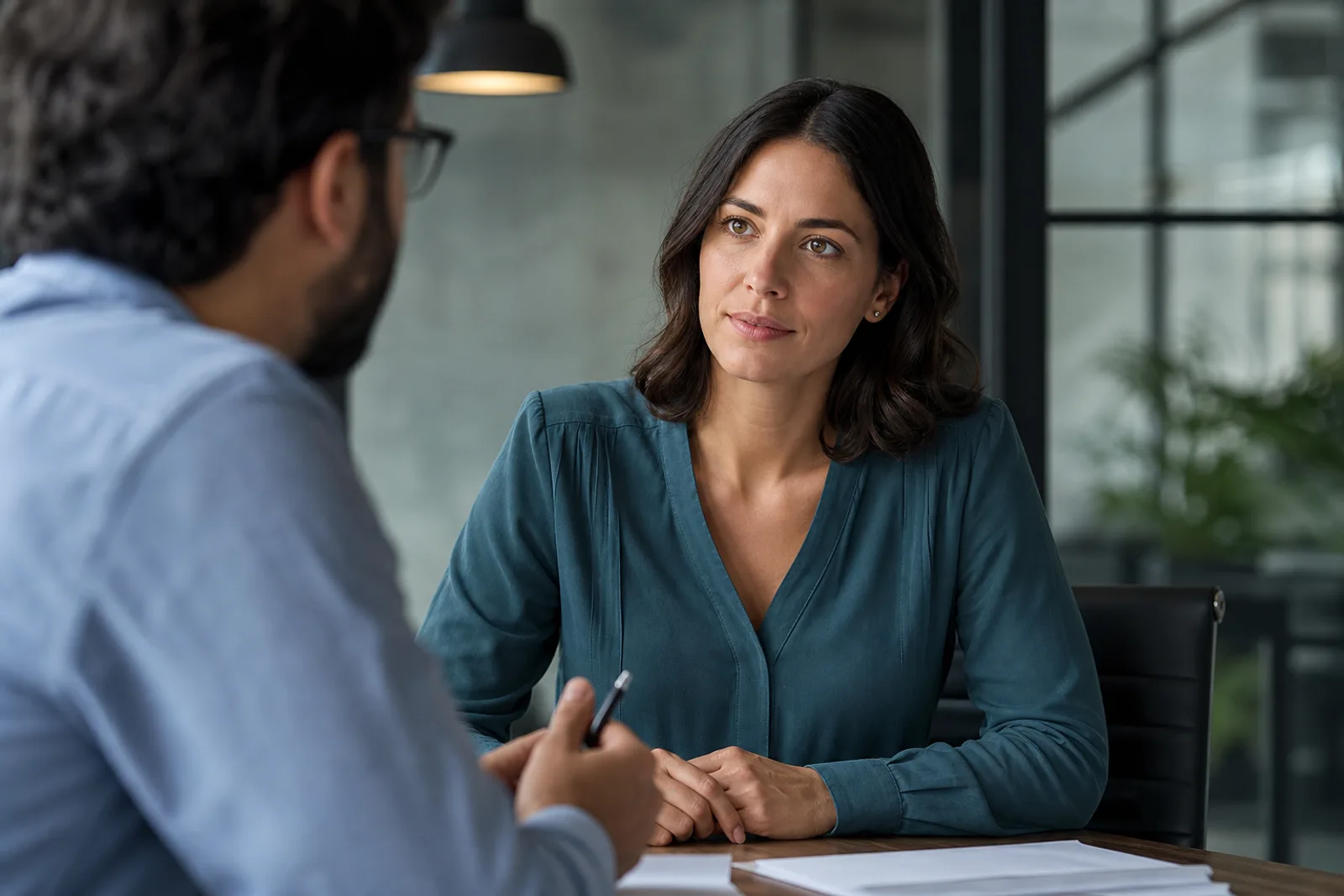 Salarié en formation professionnelle prenant des notes face à un formateur, dans une salle lumineuse.