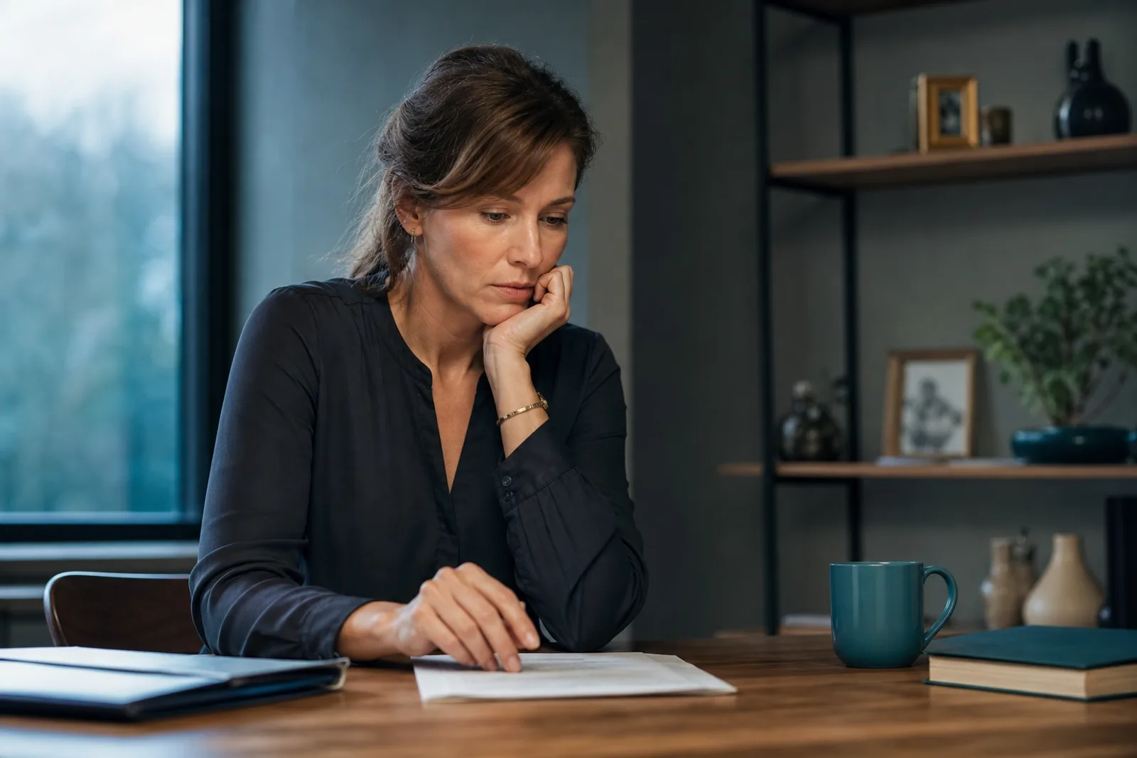 Document notarié de succession posé sur un bureau, avec un stylo et des lunettes de lecture.