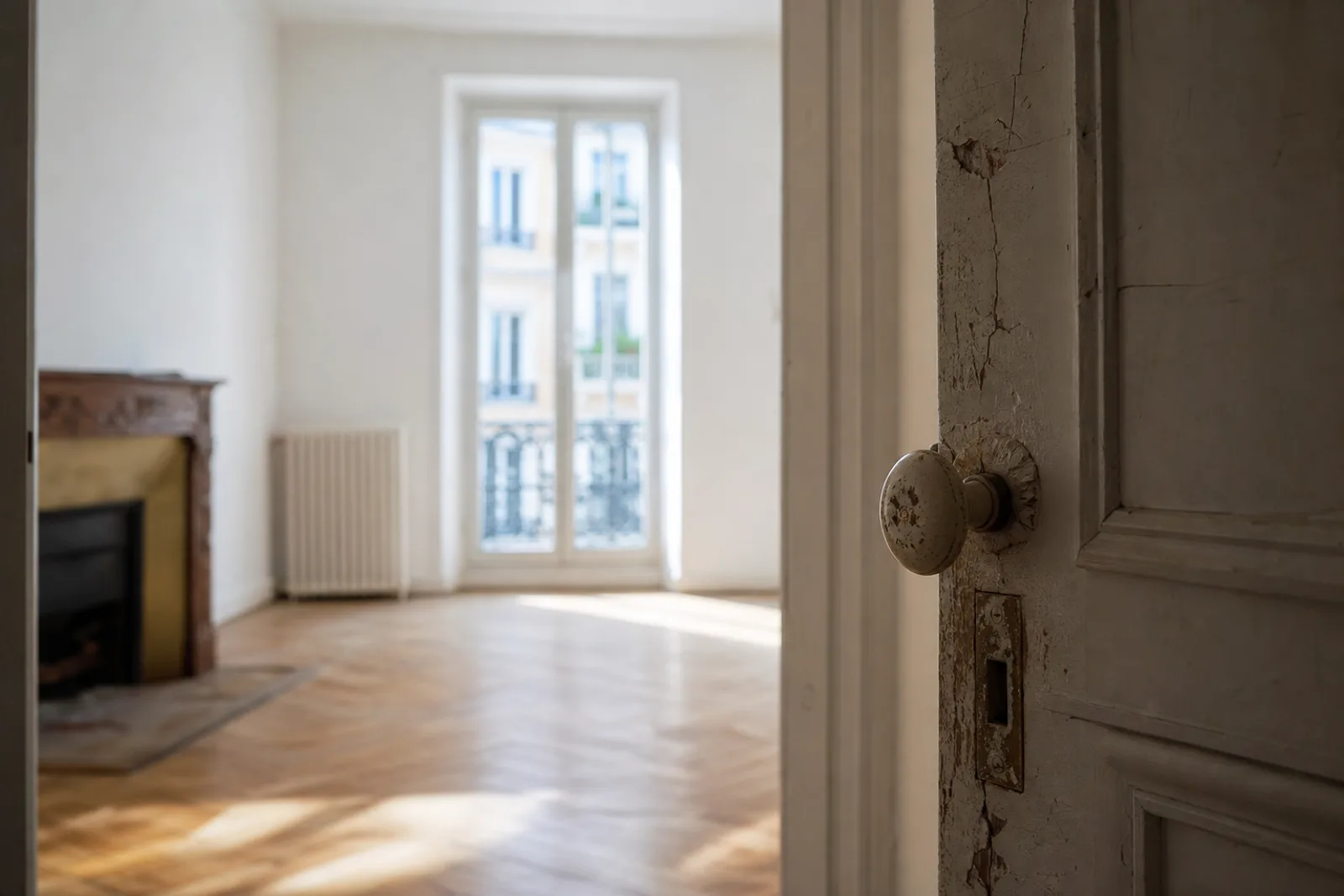 Technicien réalisant un diagnostic de performance énergétique dans un logement ancien, appareil de mesure à la main.