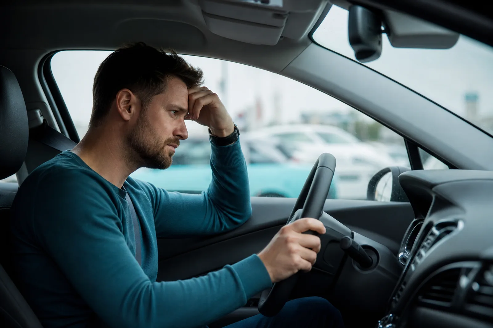 Conducteur consultant son relevé d'information d'assurance auto sur une table, avec un véhicule visible par la fenêtre.
