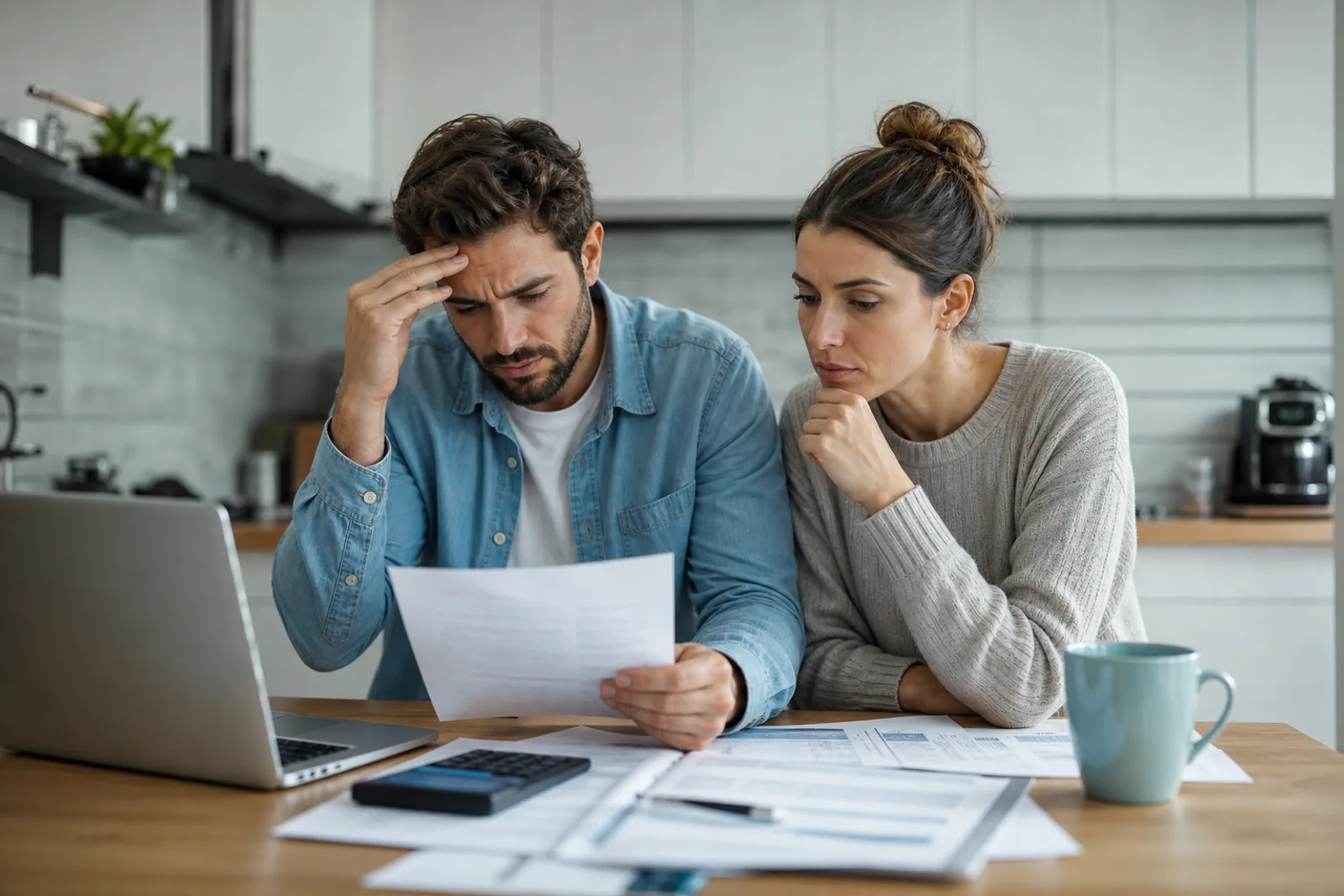 Relevé de charges de copropriété et calculatrice posés sur une table, lumière naturelle douce.