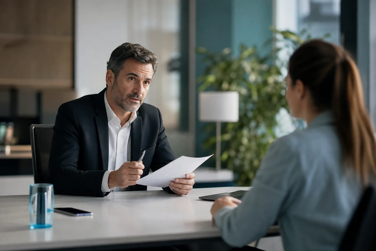 Un salarié range ses affaires dans un carton sur son bureau, dans un open space lumineux.