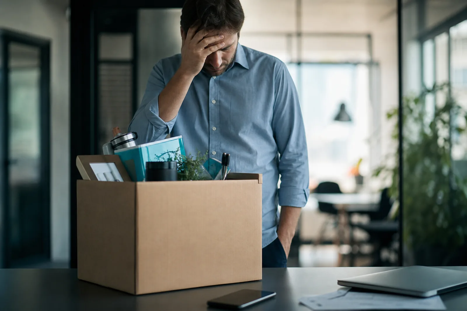 Un poste de travail vide dans un bureau, chaise reculée et ordinateur éteint.