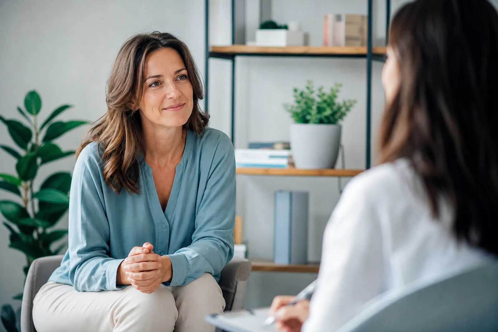 Une femme en entretien avec une professionnelle de santé qui prend des notes, ambiance calme.