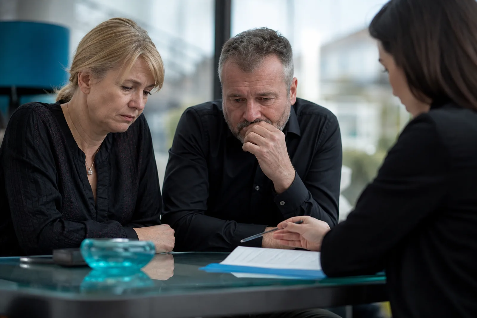 Un couple en discussion avec une conseillère autour de documents contractuels.