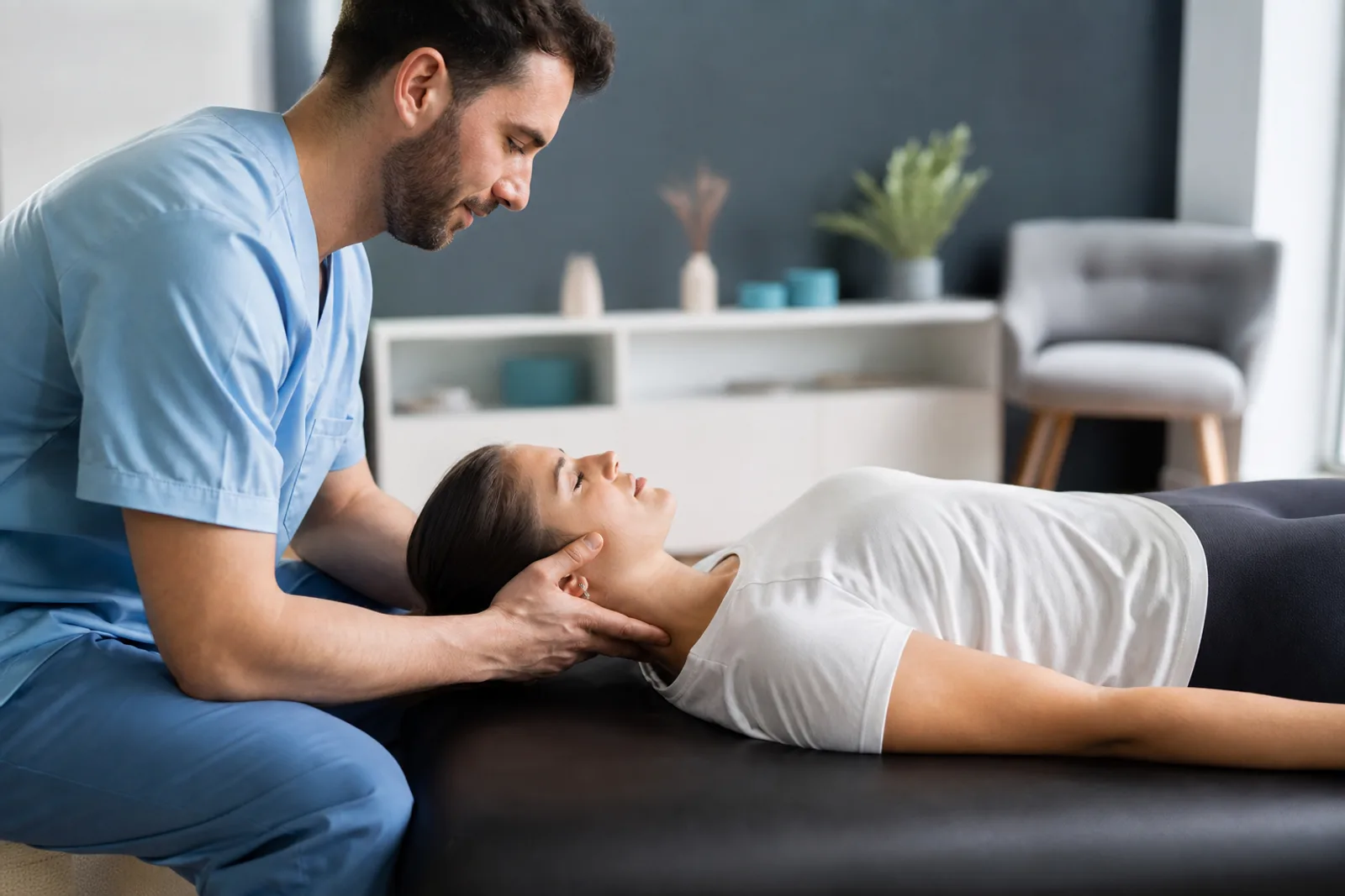 Séance d'ostéopathie dans un cabinet lumineux, patient allongé et praticien en consultation.