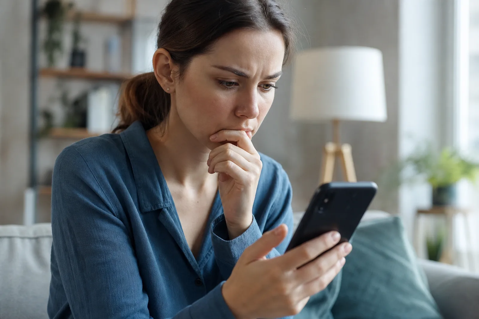 Personne consultant un SMS suspect sur son smartphone, main hésitant avant de cliquer sur un lien.