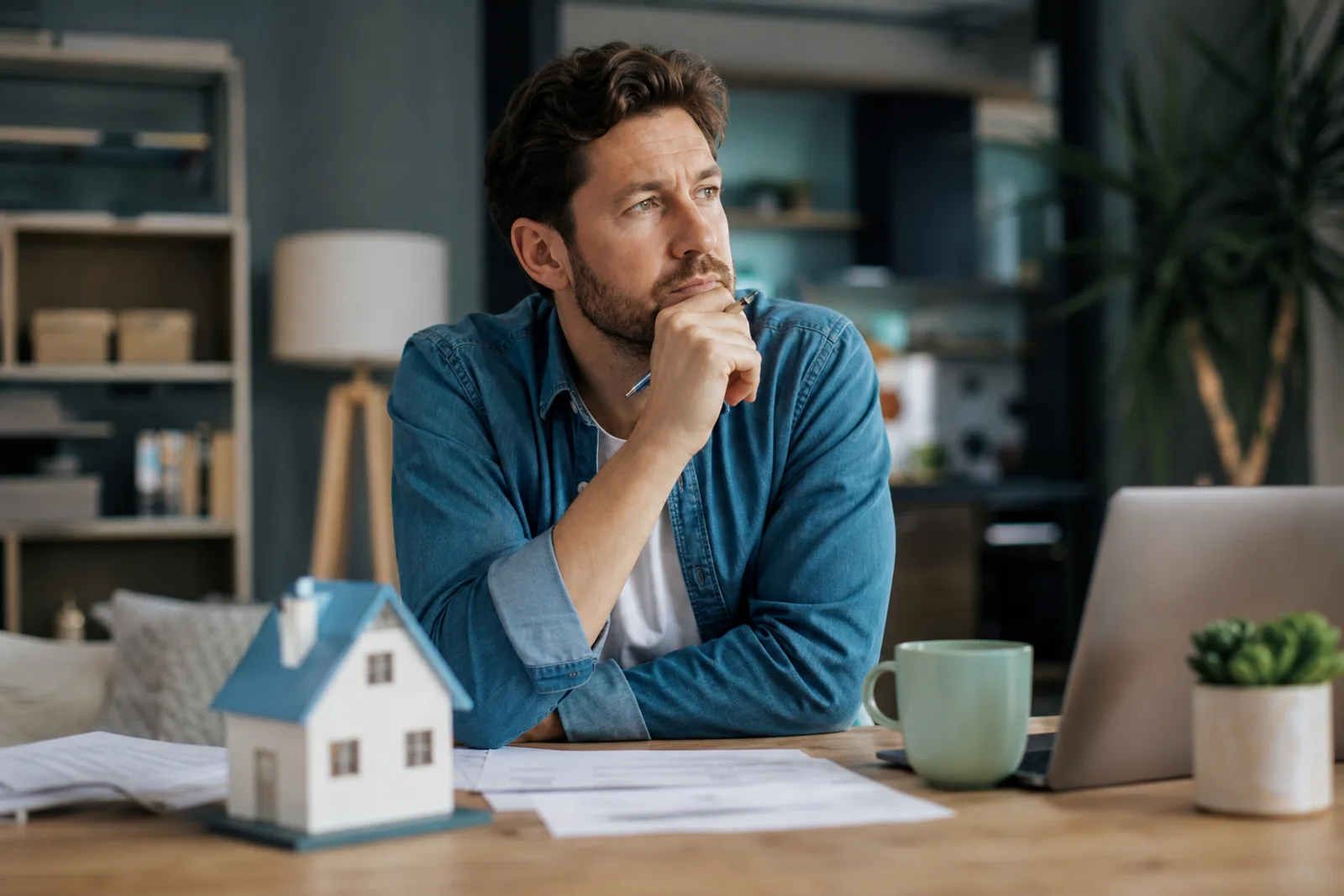 Propriétaire consultant des documents fiscaux et une calculatrice à une table de travail, appartement meublé en arrière-plan.