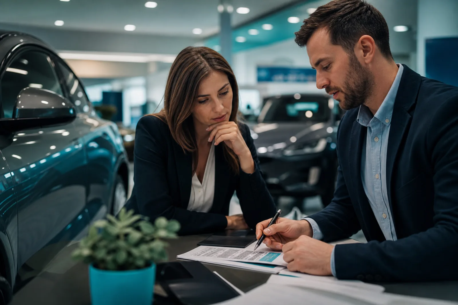 Couple signant le bon de commande d'une voiture neuve dans une concession automobile.