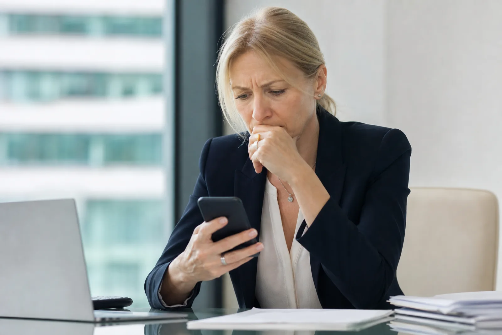 Cadre financier en entreprise vérifiant un appel téléphonique suspect avant de valider un virement, ambiance de bureau moderne.