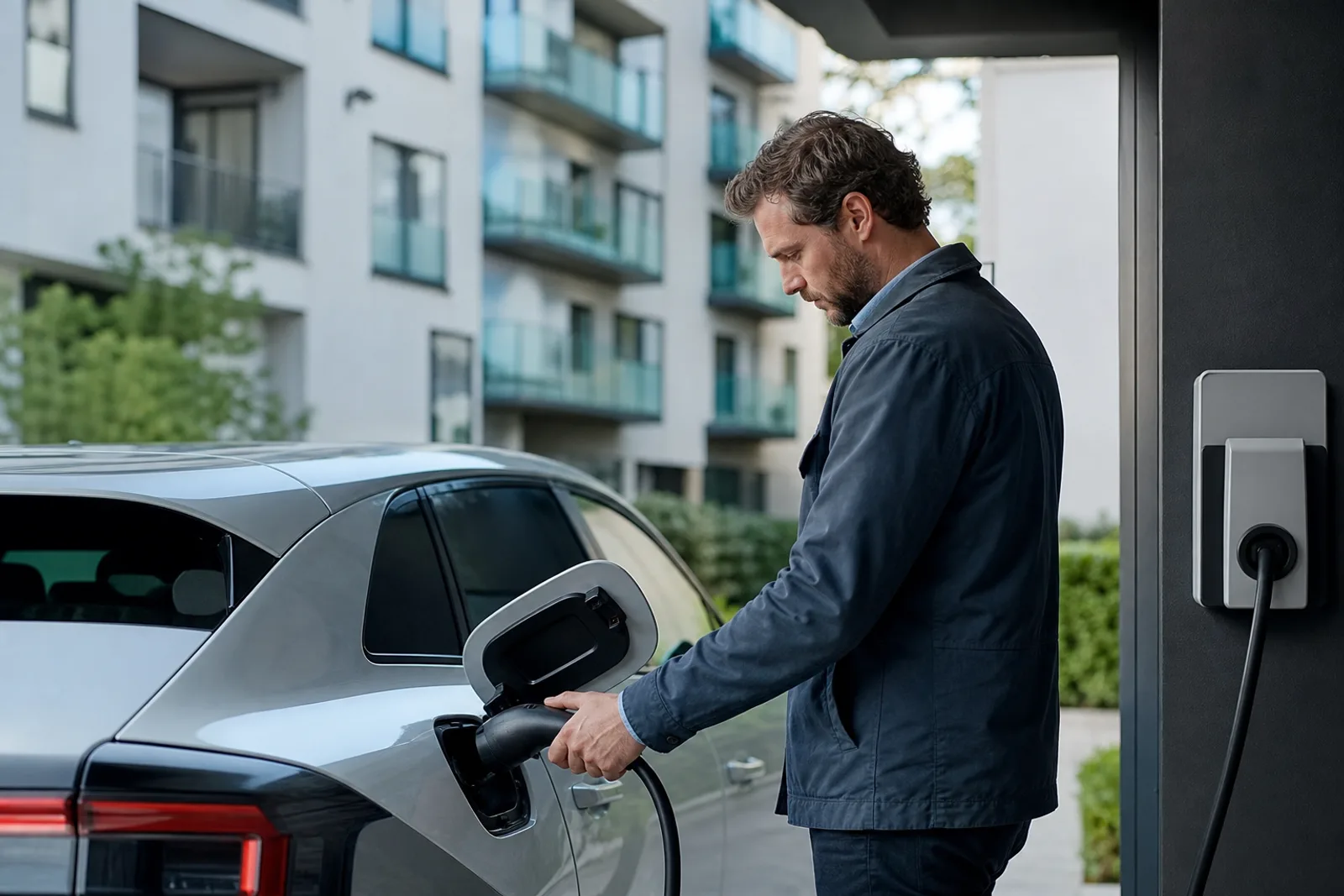 Borne de recharge pour voiture électrique installée dans le parking souterrain d'un immeuble en copropriété.