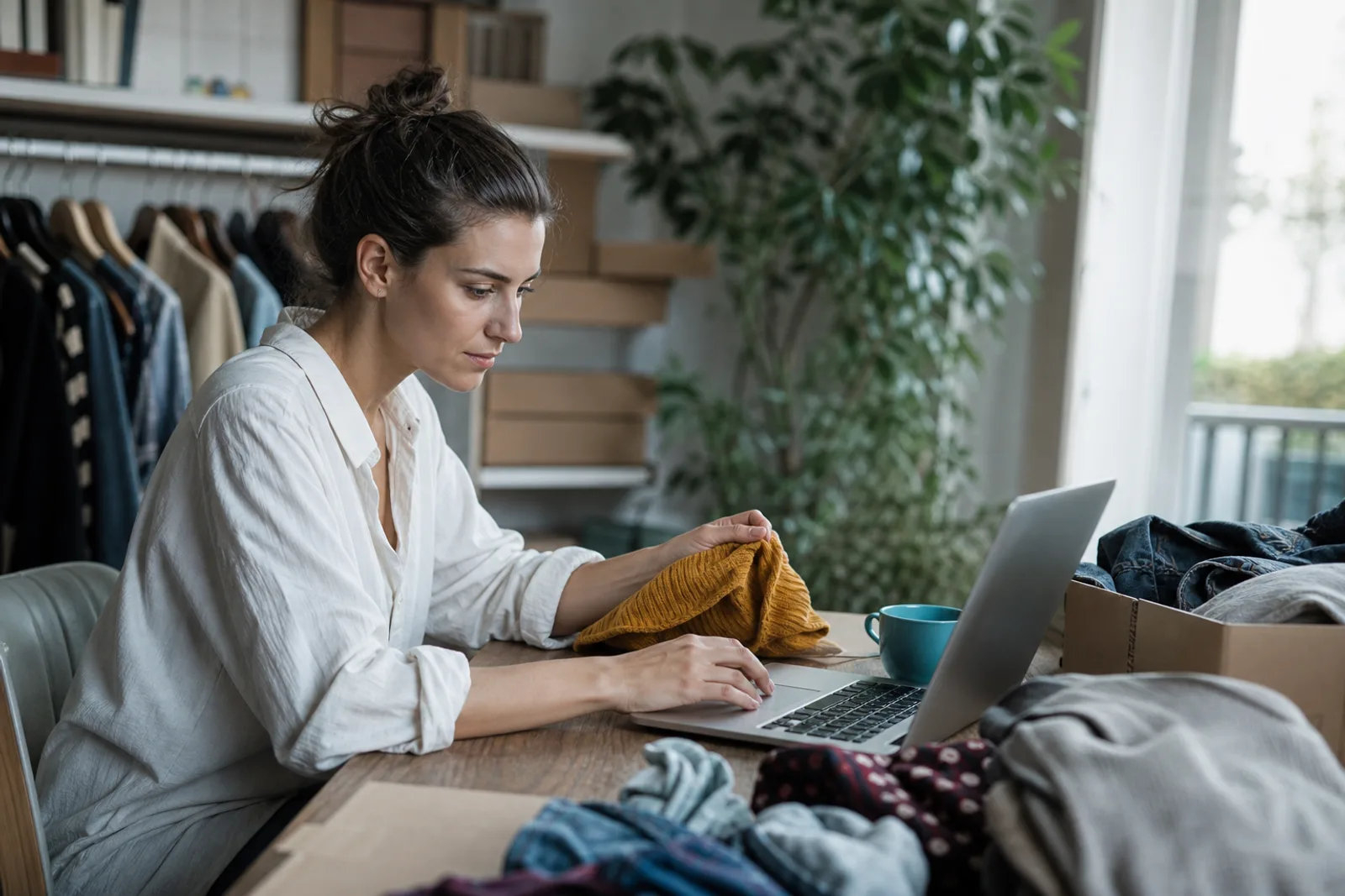 Femme triant des vêtements devant son ordinateur portable pour les vendre en ligne, carton et habits pliés sur la table.