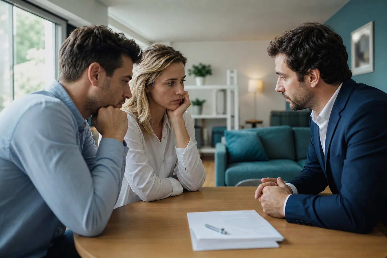 Trois personnes discutant d'un contrat de location posé sur une table, dans un salon lumineux.