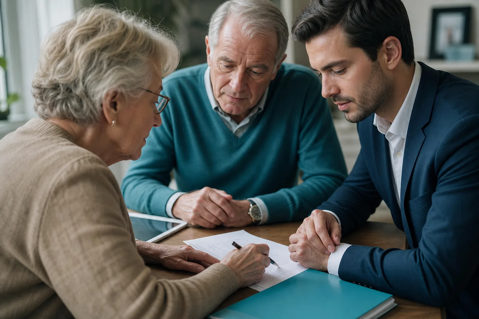 Couple senior discutant avec un conseiller autour d'une maquette de maison et de documents immobiliers.