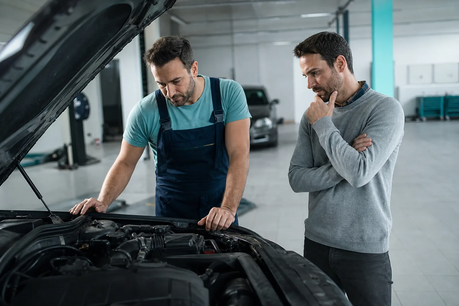 Un mécanicien et un automobiliste examinant le moteur d'une voiture d'occasion, capot ouvert, dans un atelier.