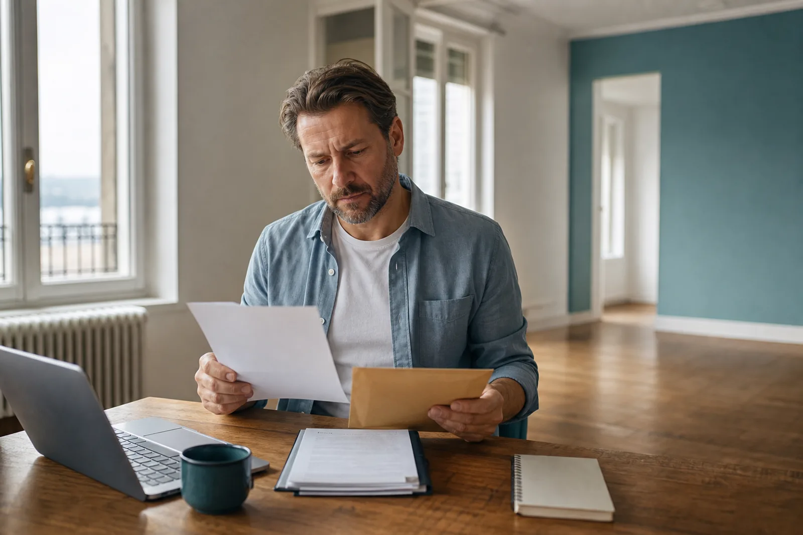 Propriétaire examinant un courrier recommandé et des documents de bail sur une table en bois près d'une fenêtre.