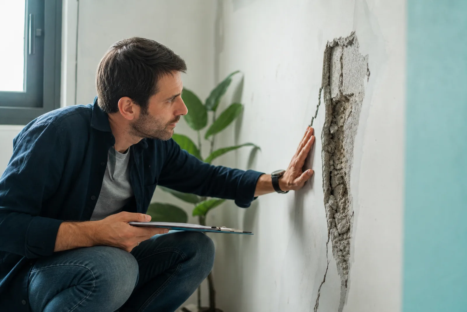 Un propriétaire et un expert du bâtiment examinant une fissure sur un mur extérieur récemment rénové.