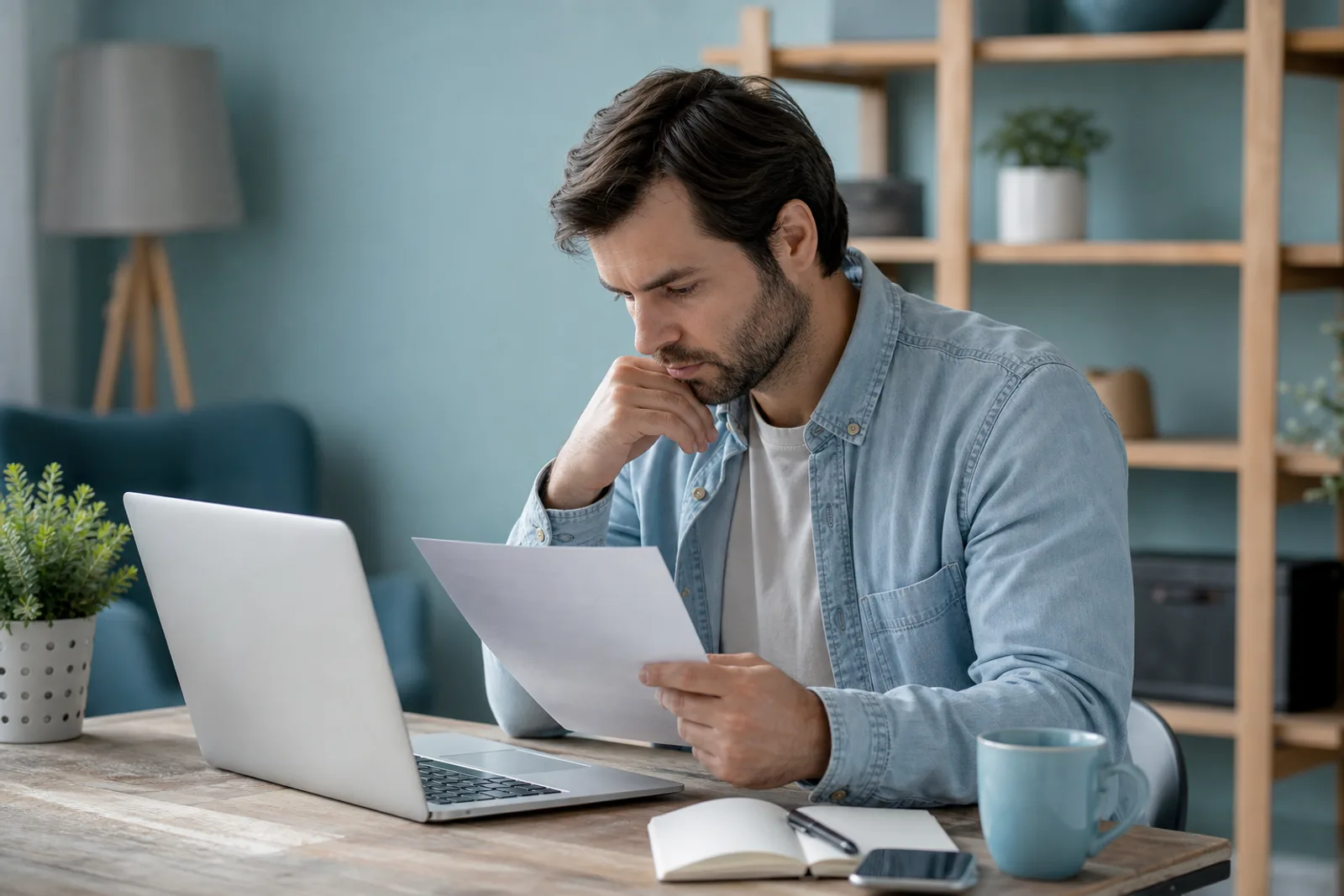 Un indépendant relisant une facture à son bureau, devant un ordinateur portable, carnet et tasse posés à côté.