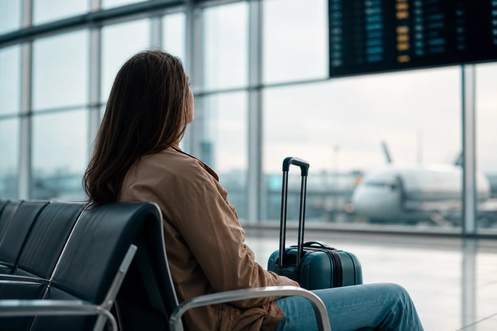 Voyageuse assise dans un hall d'aéroport devant un panneau d'affichage, valise à côté d'elle, lumière naturelle.