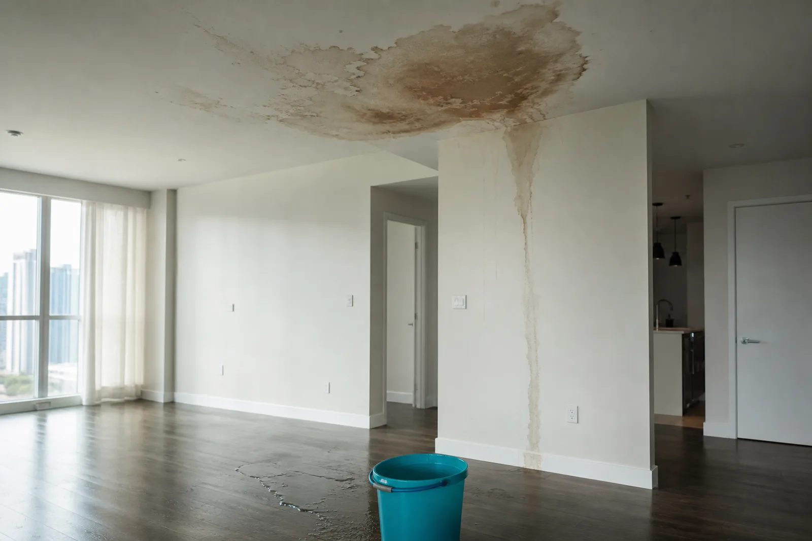 Auréole d'infiltration au plafond et coulure le long d'un mur, seau posé sur le parquet d'un appartement vide.