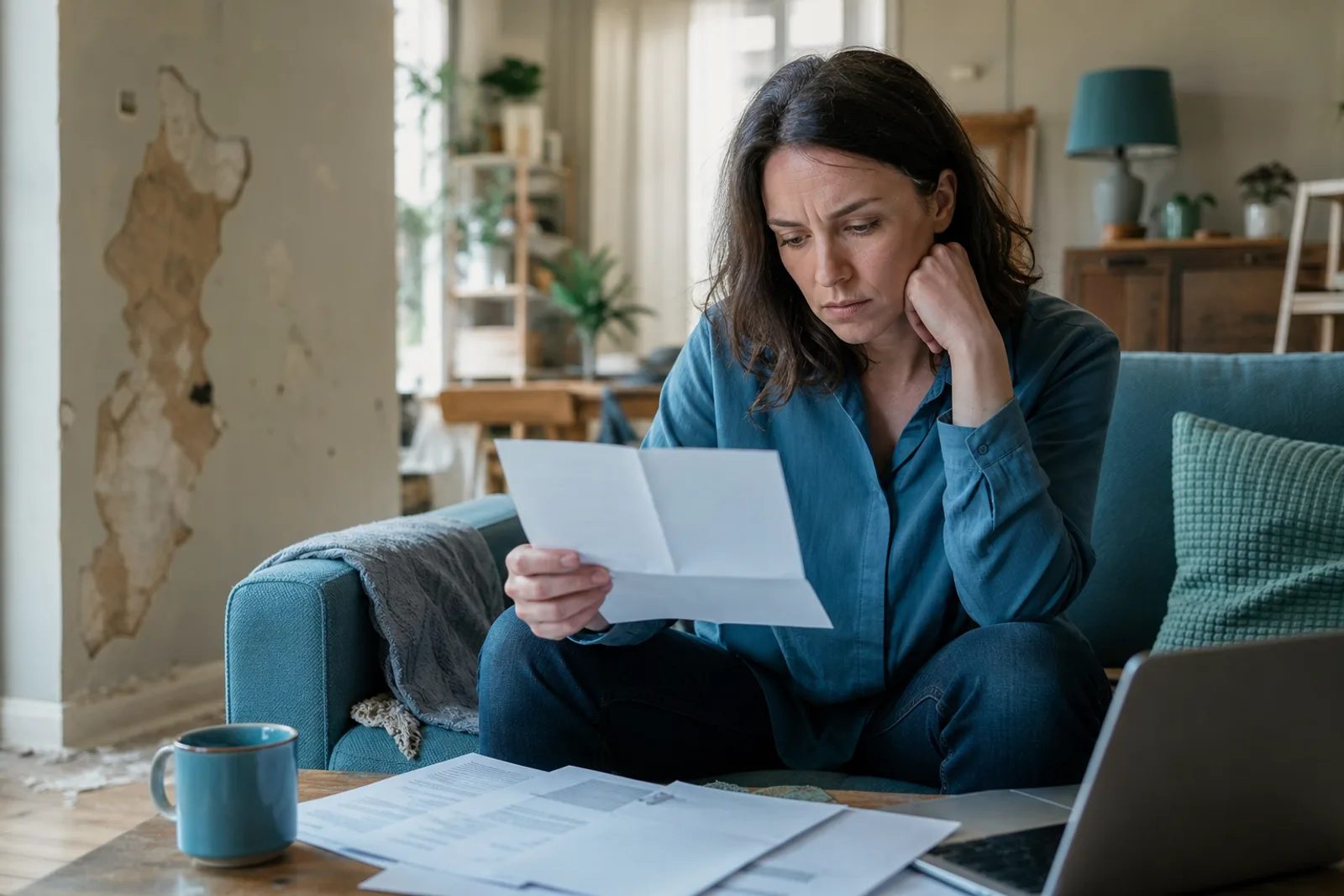 Intérieur d'un salon endommagé par un dégât des eaux, avec des documents et une tasse de café sur une table basse en premier plan.