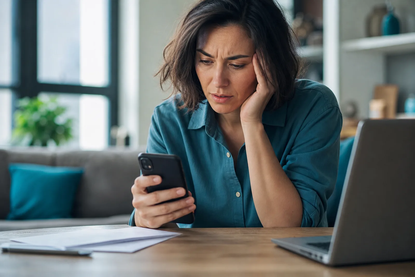 Personne consultant son relevé de compte bancaire sur un smartphone, à la recherche d'un prélèvement suspect.