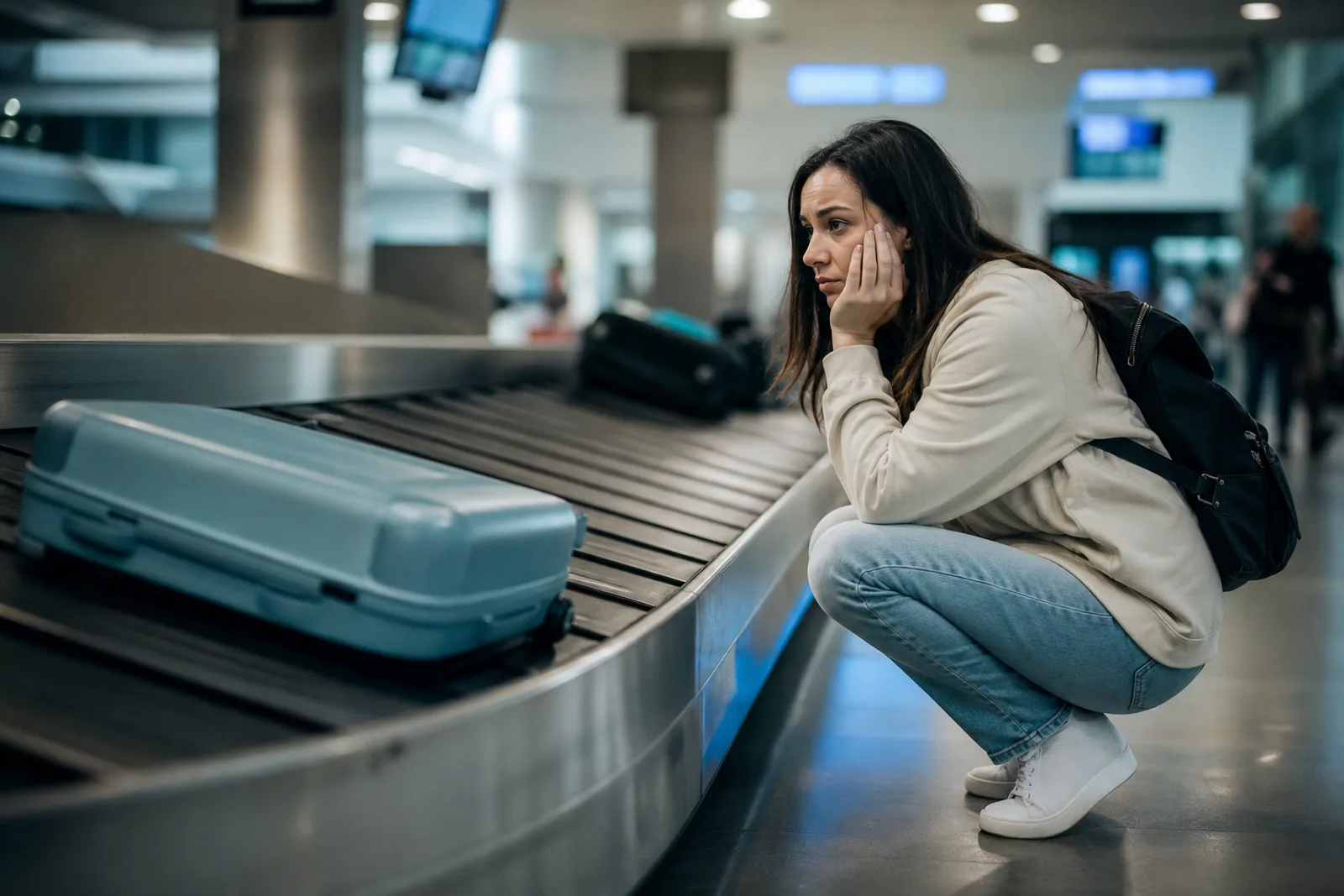 Voyageur constatant une valise endommagée près du tapis de récupération des bagages dans un aéroport.