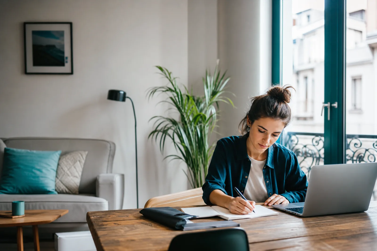 Jeune locataire installée à son bureau dans un appartement meublé, en train de compléter un document.