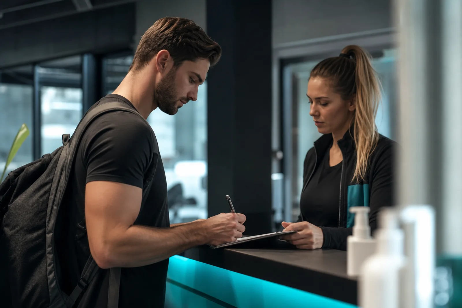 Abonné signant un document à l'accueil d'une salle de sport, sac de sport sur l'épaule.