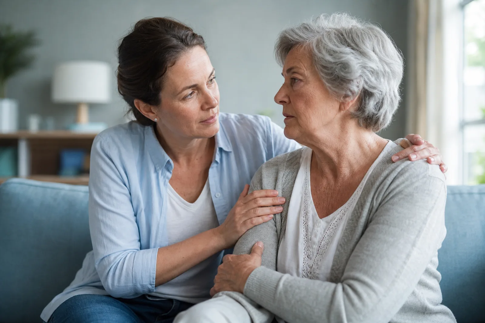 Femme posant la main sur l'épaule de sa mère âgée, assises côte à côte sur un canapé.