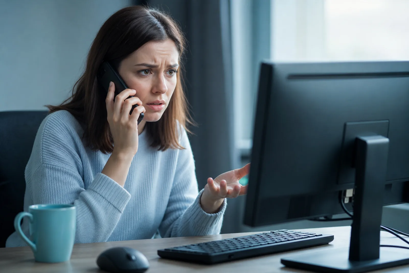Femme inquiète au téléphone en train de regarder l'écran de son ordinateur, dans un bureau à domicile.