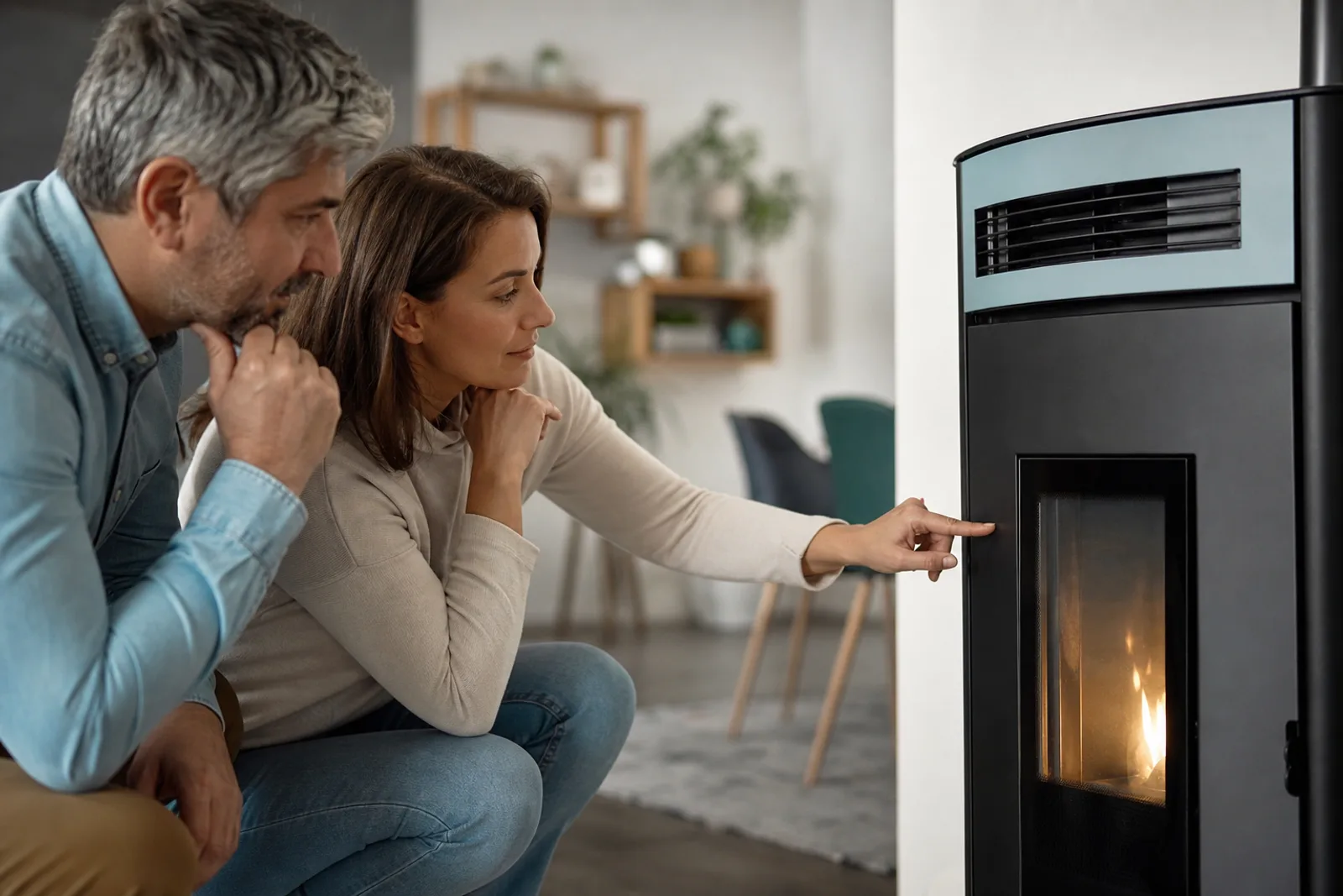 Couple observant les flammes d'un poêle à granulés fraîchement installé dans leur salon.