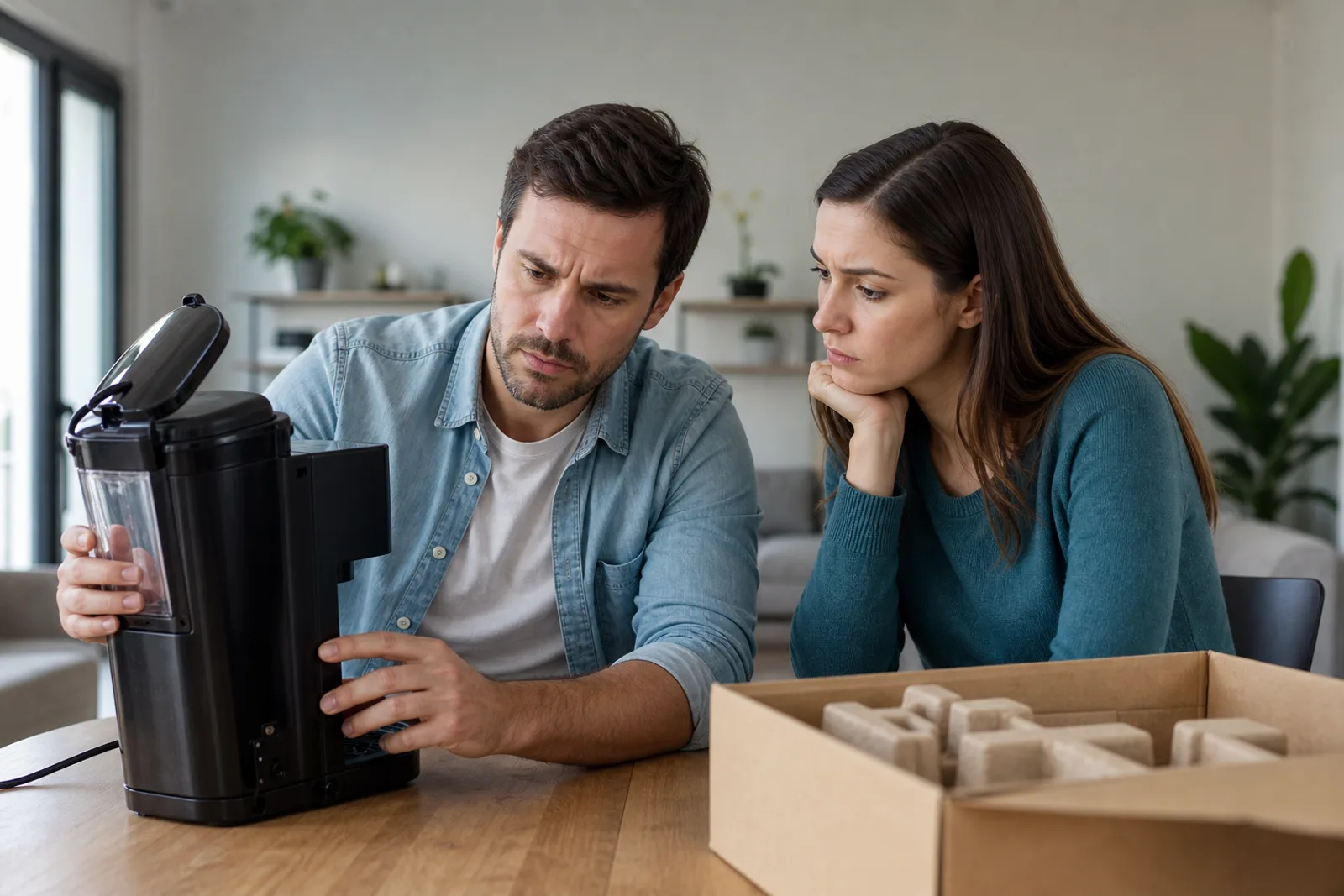 Couple inspectant un appareil électroménager défectueux tout juste sorti de son carton.