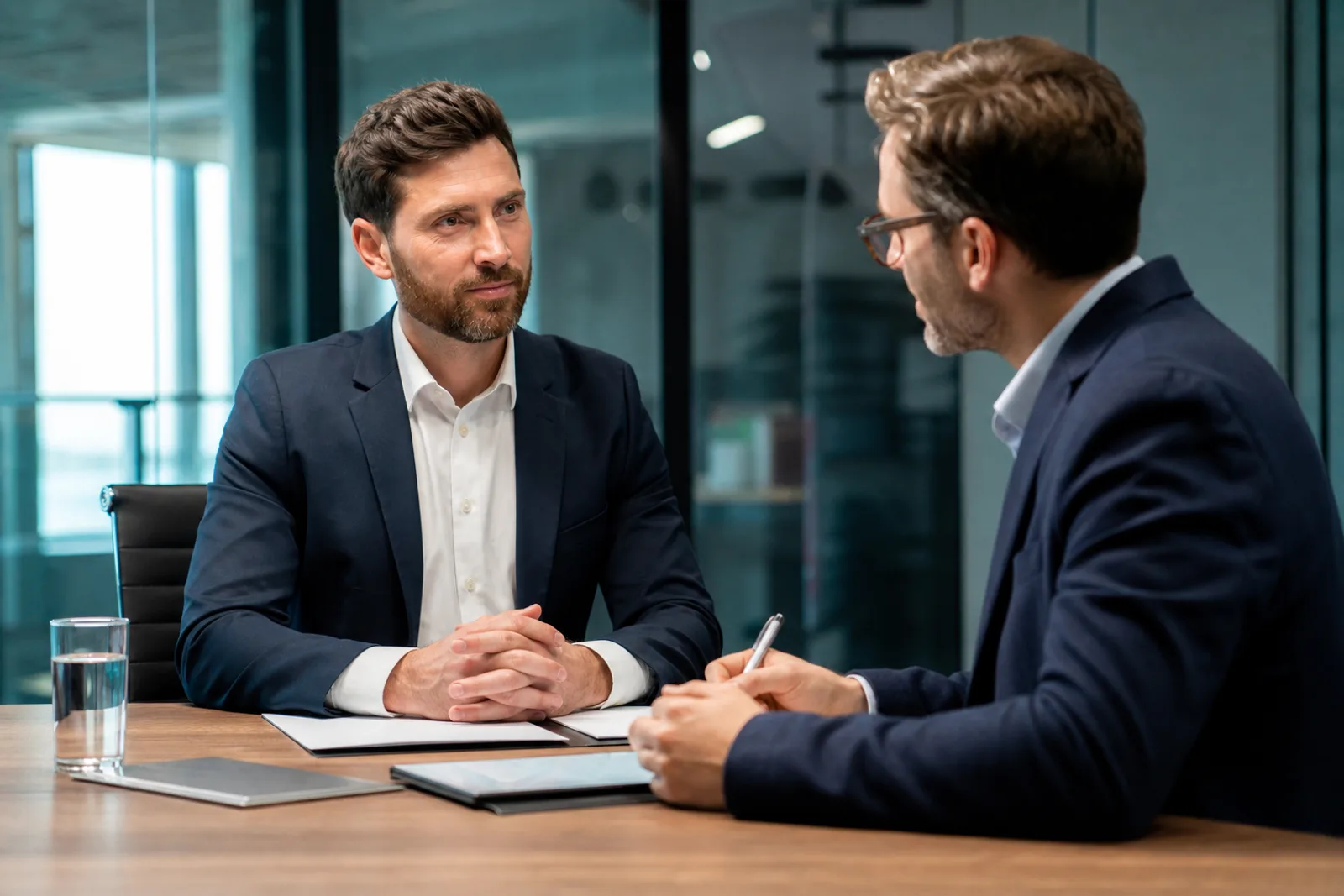 Deux associés en discussion autour d'une table de réunion, documents à l'appui.