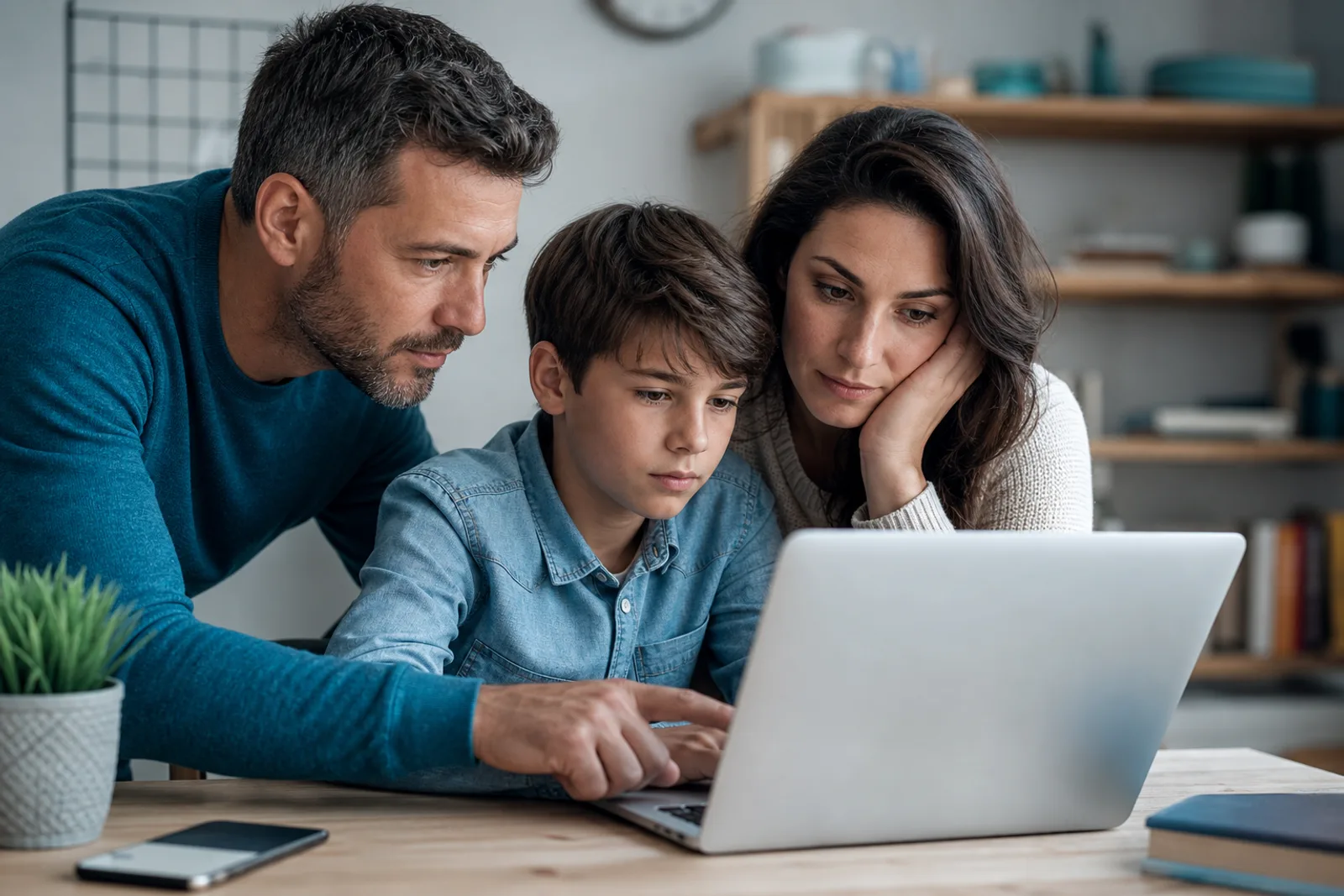 Parents et adolescent regardant ensemble l'écran d'un ordinateur portable à la maison.