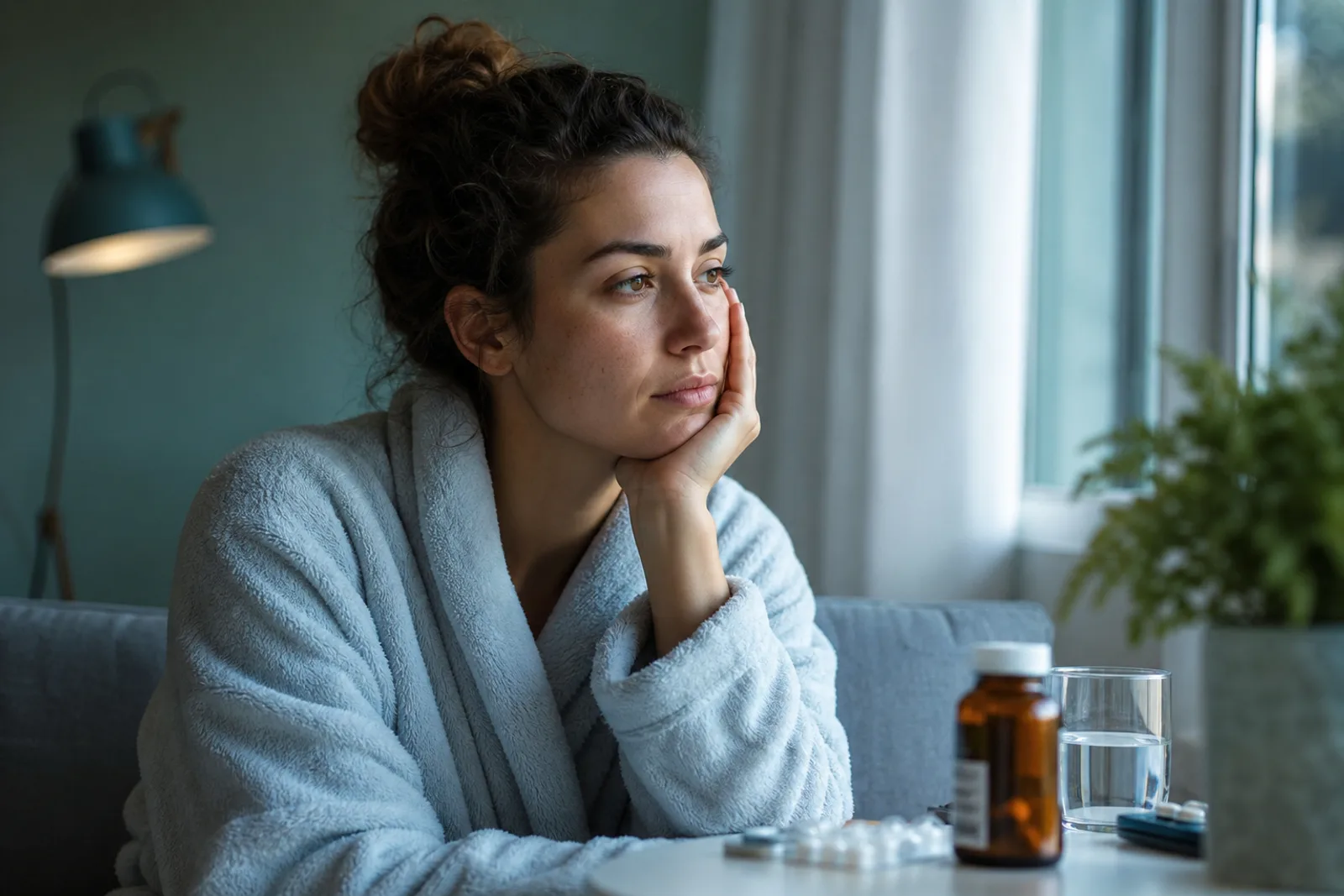 Femme fatiguée en peignoir assise près d'une fenêtre, flacon de compléments alimentaires posé devant elle.