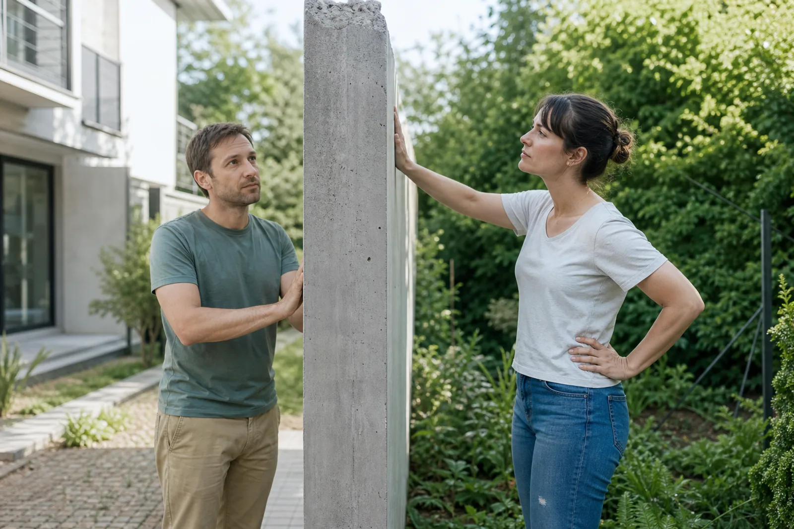 Deux voisins examinant le mur en béton séparant leurs propriétés.