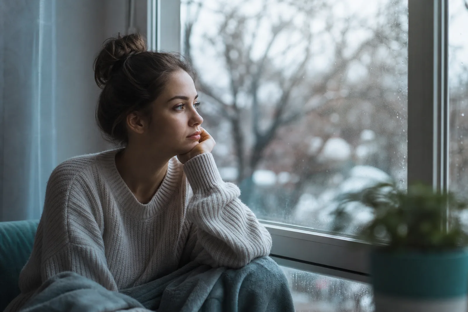 Femme pensive regardant par la fenêtre un jardin hivernal, emmitouflée dans une couverture.
