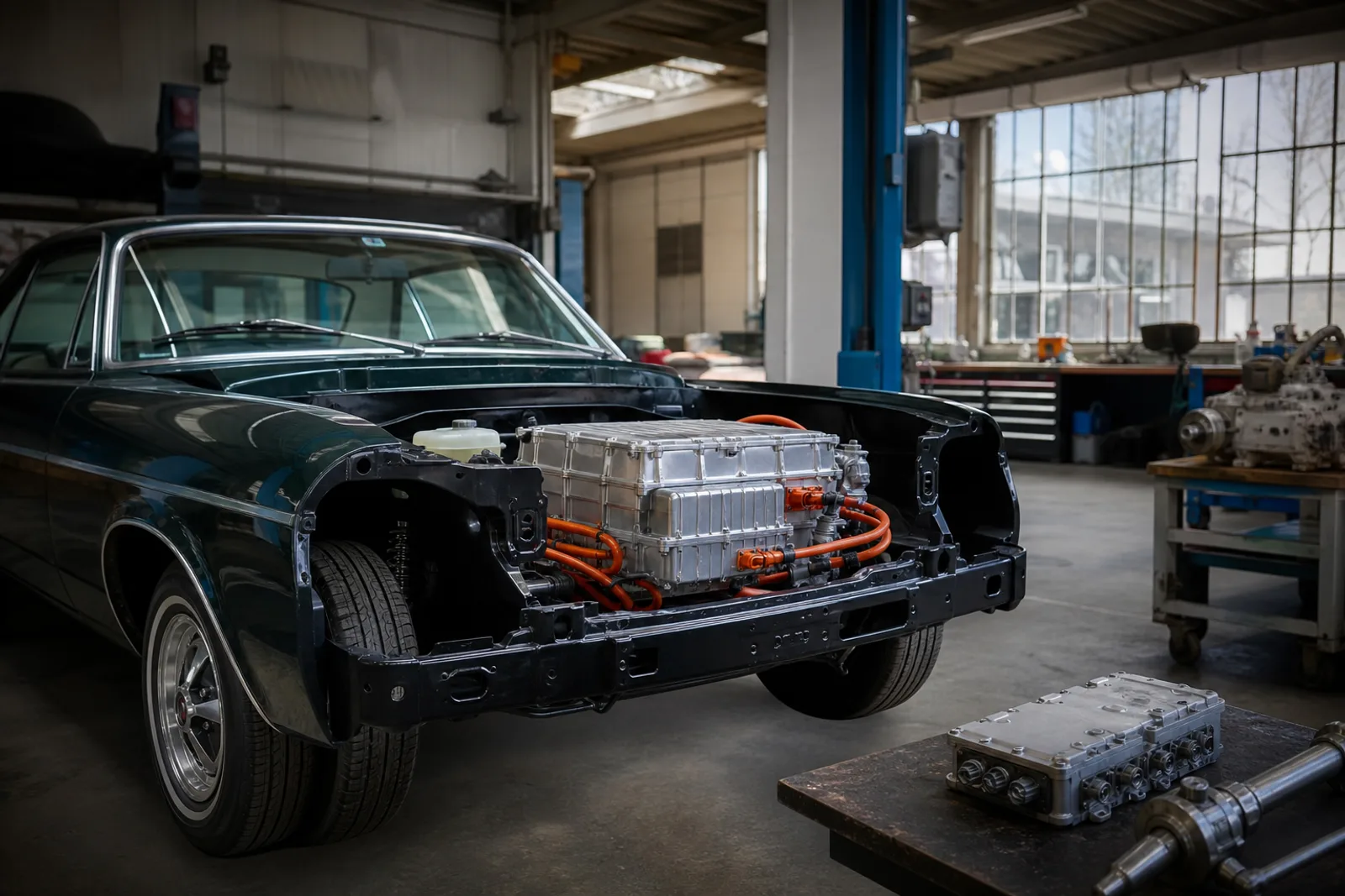 Voiture ancienne en atelier avec son bloc moteur électrique de conversion visible sous le capot ouvert.