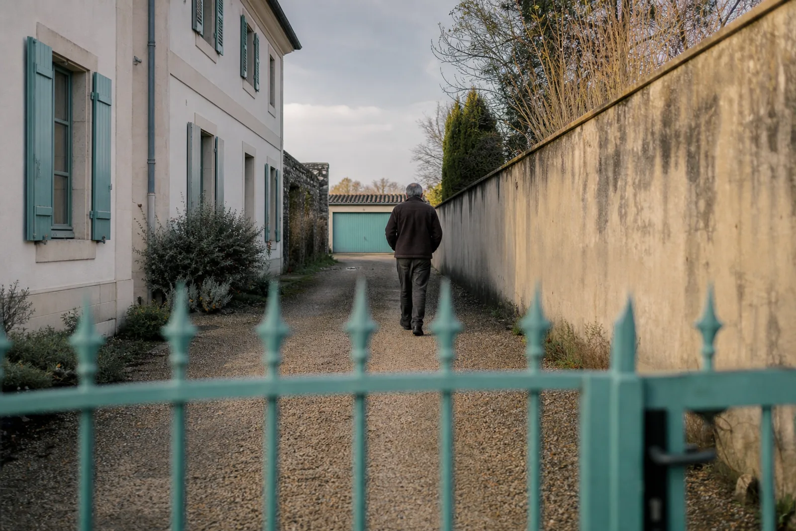 Homme marchant sur une allée de gravier bordée d'un mur, entre deux propriétés.